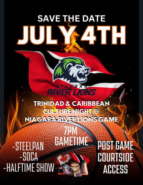 Poster for Trinidad and Caribbean Culture Night at Niagara River Lions Club Game 2026